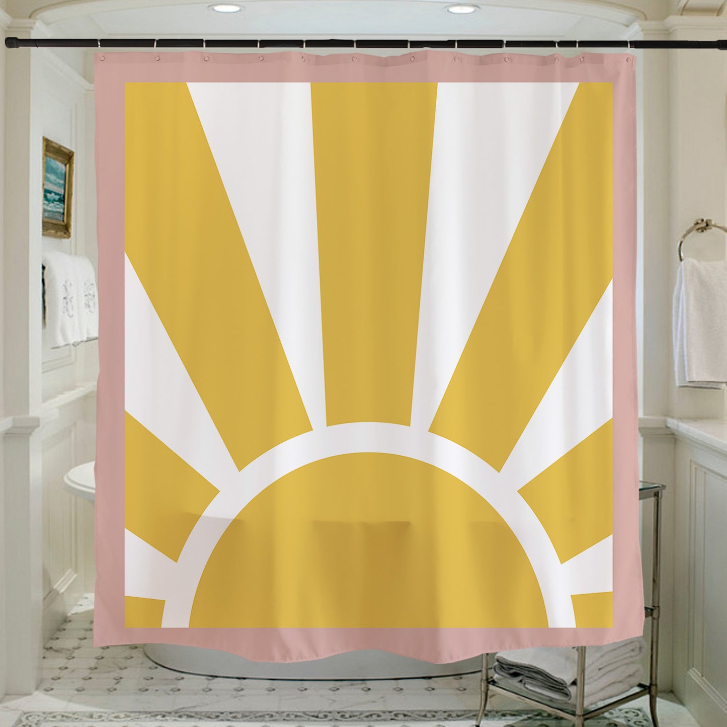 Feblilac Gold Sunrise Shower Curtain with Hooks, Yellow Sunshine Curtain for Bathroom