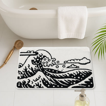 Feblilac Black and White Great Wave Bathroom Rug, Japanese Style Bathmat