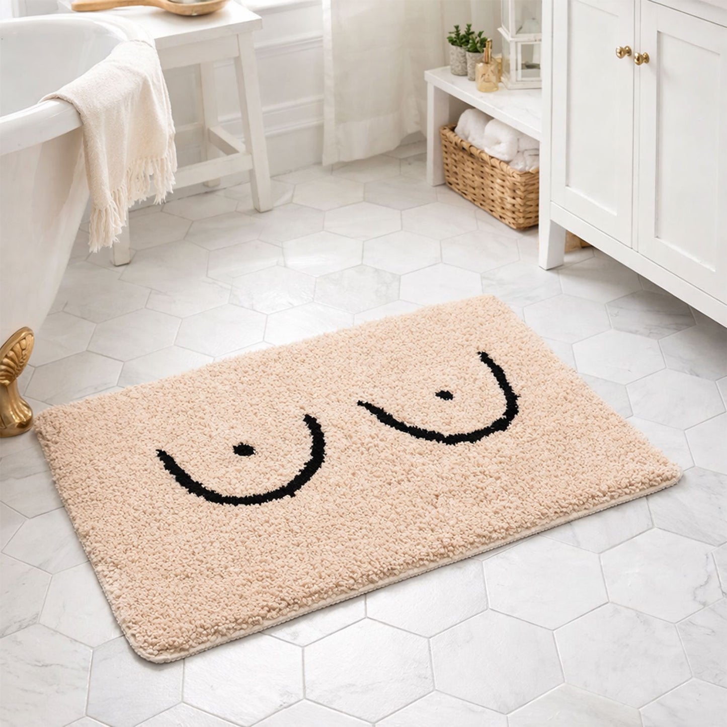 Feblilac Smiley Boobs Bath Mat | Absorbent Non-Slip Bathroom Rug (Cream & Black)