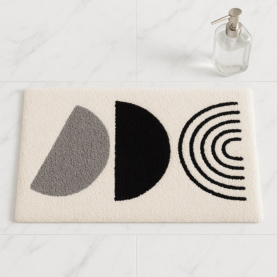 Feblilac Modern Shapes Tufted Bath Mat – Black & Gray Abstract Pattern, Minimalist Bathroom Rug