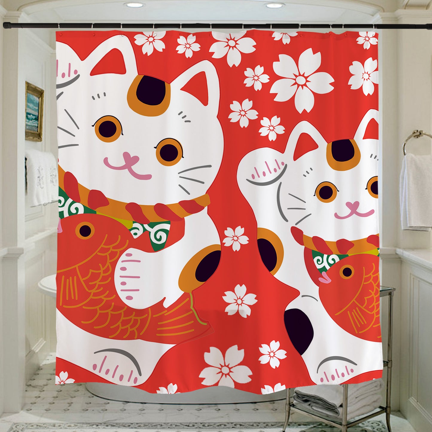 Feblilac Red Background White Sakura Lucky Cat Shower Curtain with Hooks