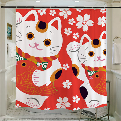 Feblilac Red Background White Sakura Lucky Cat Shower Curtain with Hooks