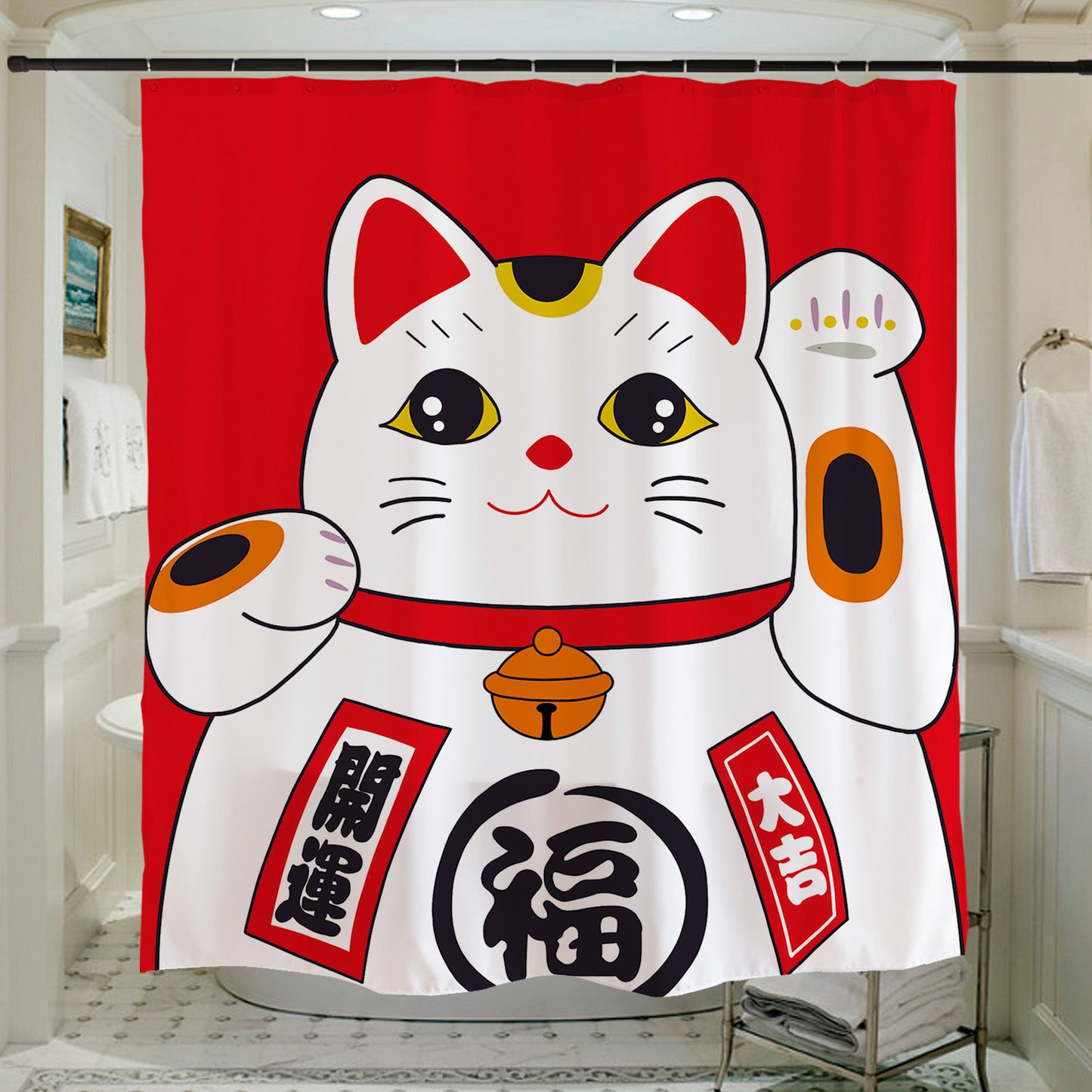 Feblilac Red Lucky Cat Shower Curtain with Hooks