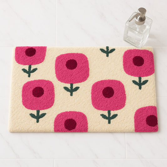 Feblilac Pink Flower Grid Tufted Bath Mat – Bright Floral Repeat Pattern, Soft & Cheerful Bathroom Rug