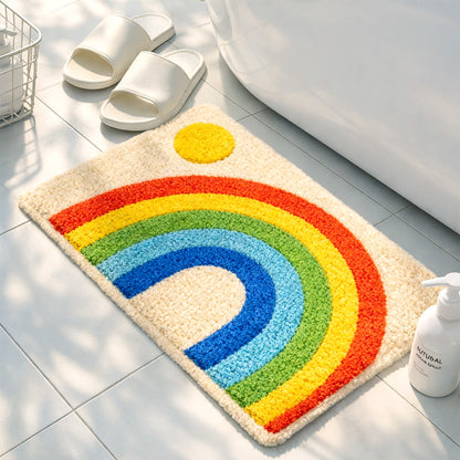 Feblilac Retro Rainbow Arch Bath Mat – Colorful Non-Slip Bathroom Rug with Sun Design