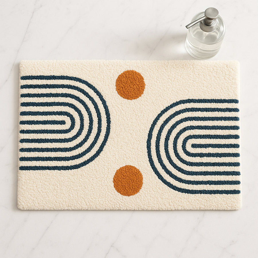 Feblilac Retro Arches Tufted Bath Mat – Abstract Geometric Design with Orange Dots, Modern Bathroom Rug