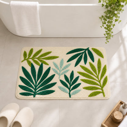 Feblilac Green Leaves Tufted Bath Mat, Soft Botanical Bathroom Rug