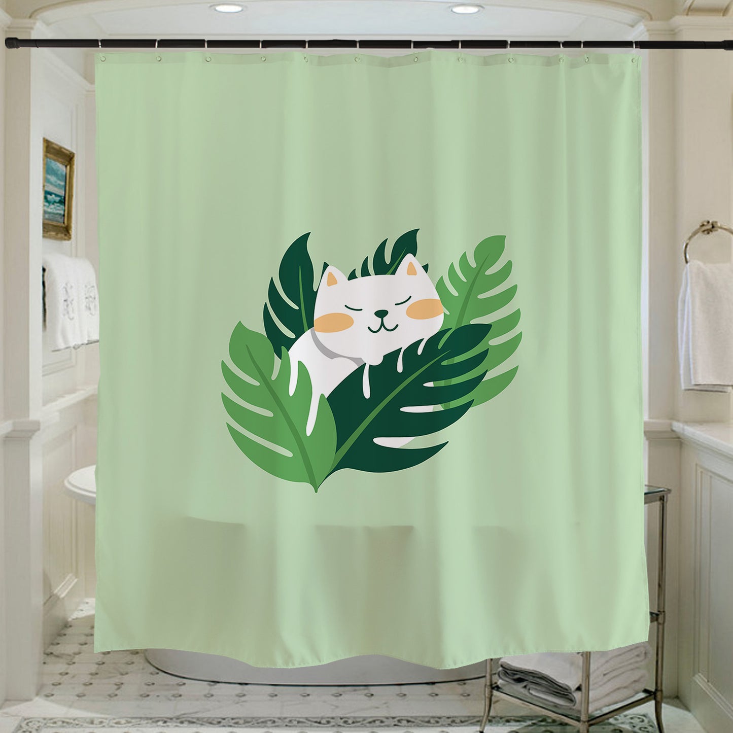 Feblilac Monstera Cat Shower Curtain with Hooks