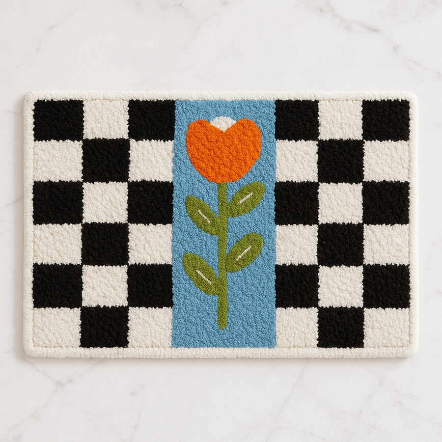 Feblilac Checkerboard Flower Tufted Bath Mat – Black & White Grid with Bold Floral Accent, Trendy Bathroom Rug