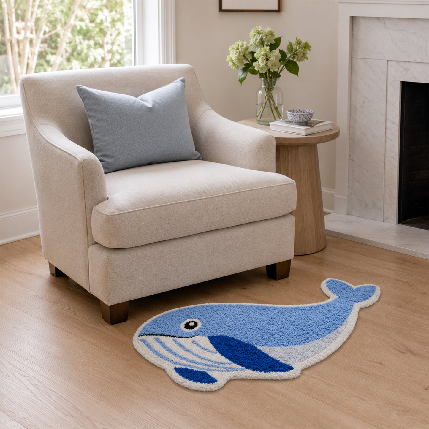 Feblilac Blue Whale Tufted Bath Mat, Ocean Animal Rug, Cute Whale Bathroom Rug