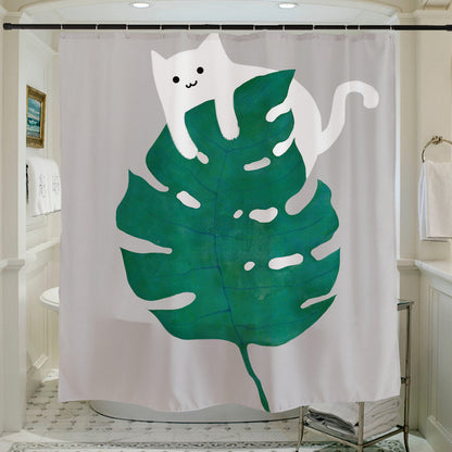 Feblilac Cat and Monstera Shower Curtain with Hooks