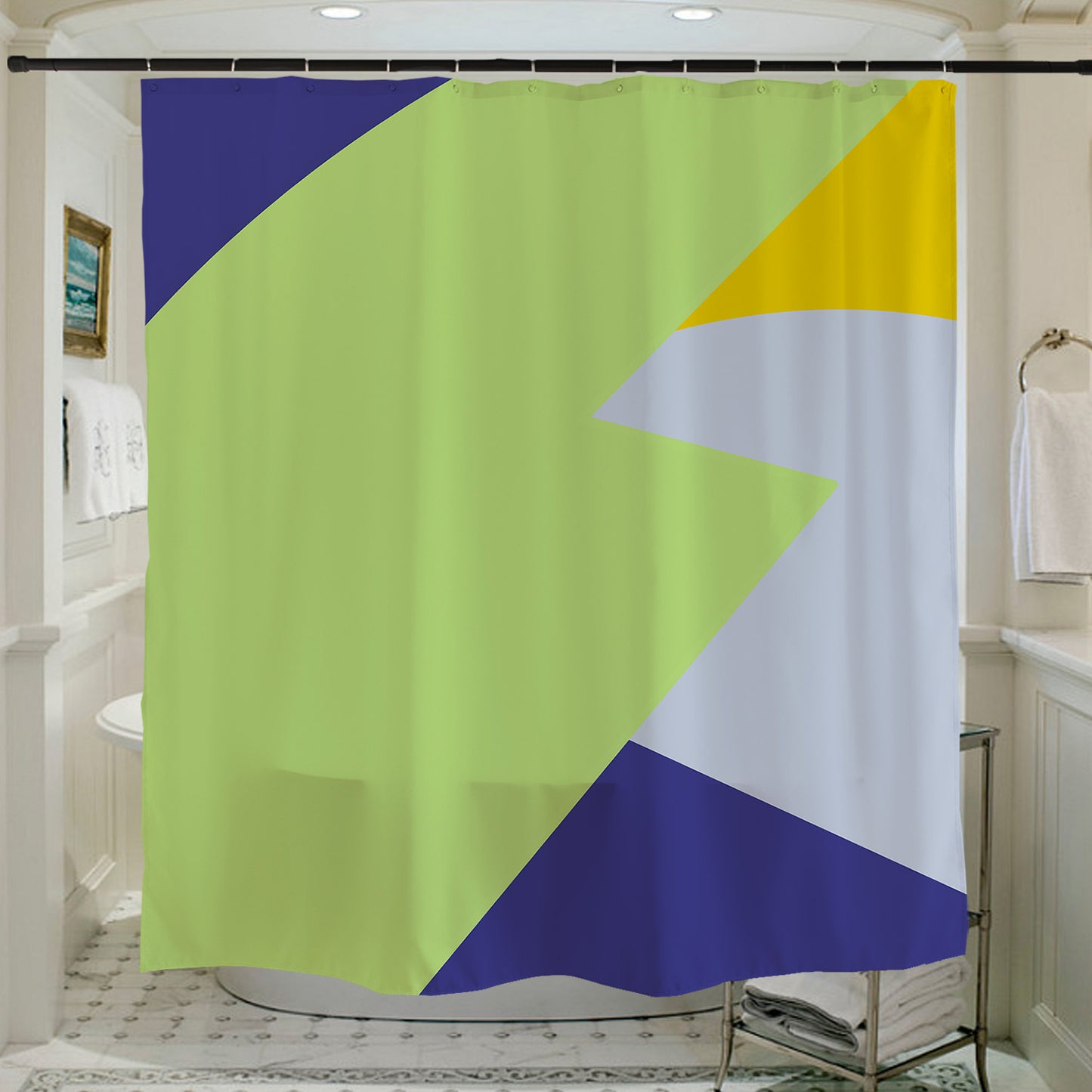 Feblilac Green Blue Yellow Gray Pattern Shower Curtain with Hooks