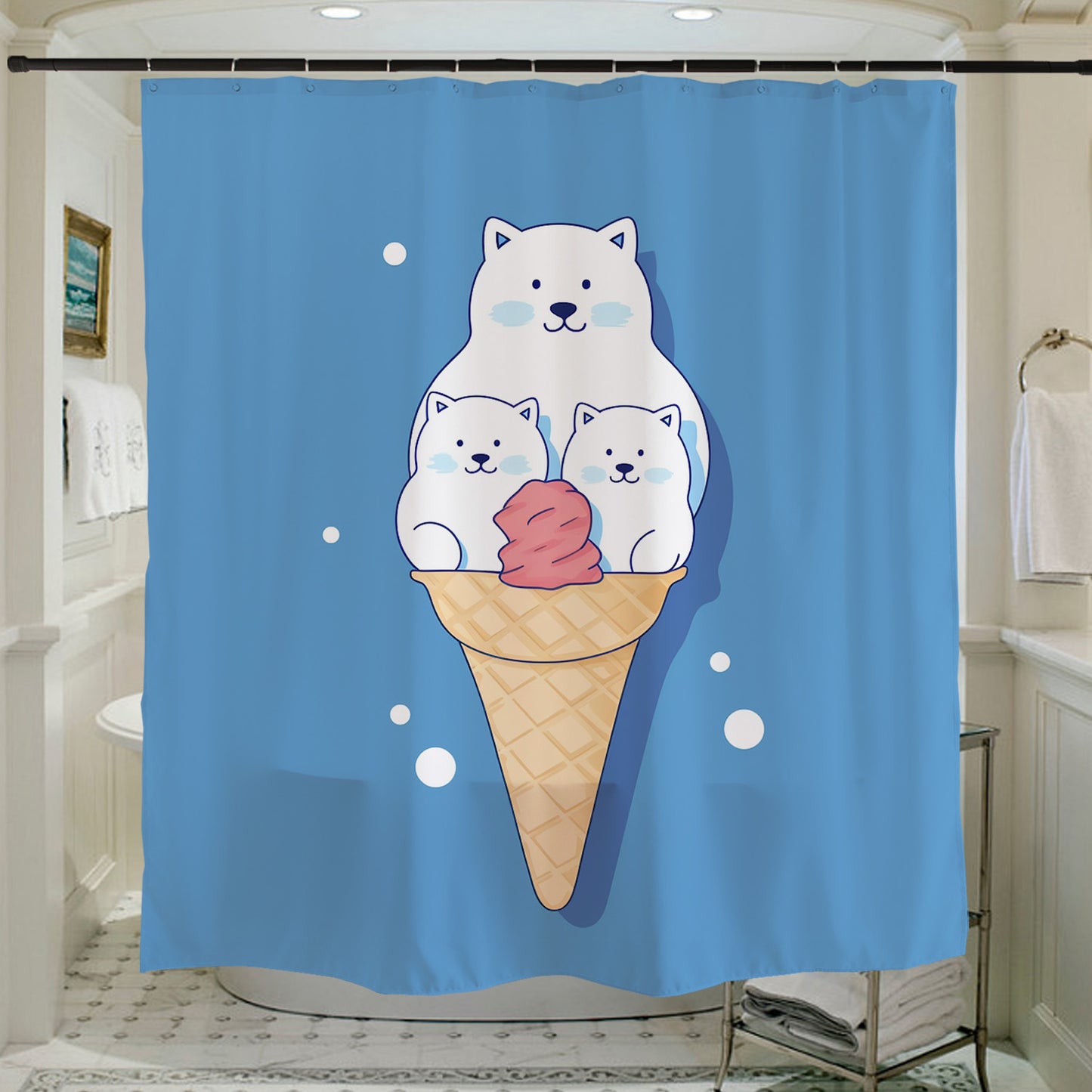 Feblilac White Polar Bear Ice Cream Shower Curtain with Hooks