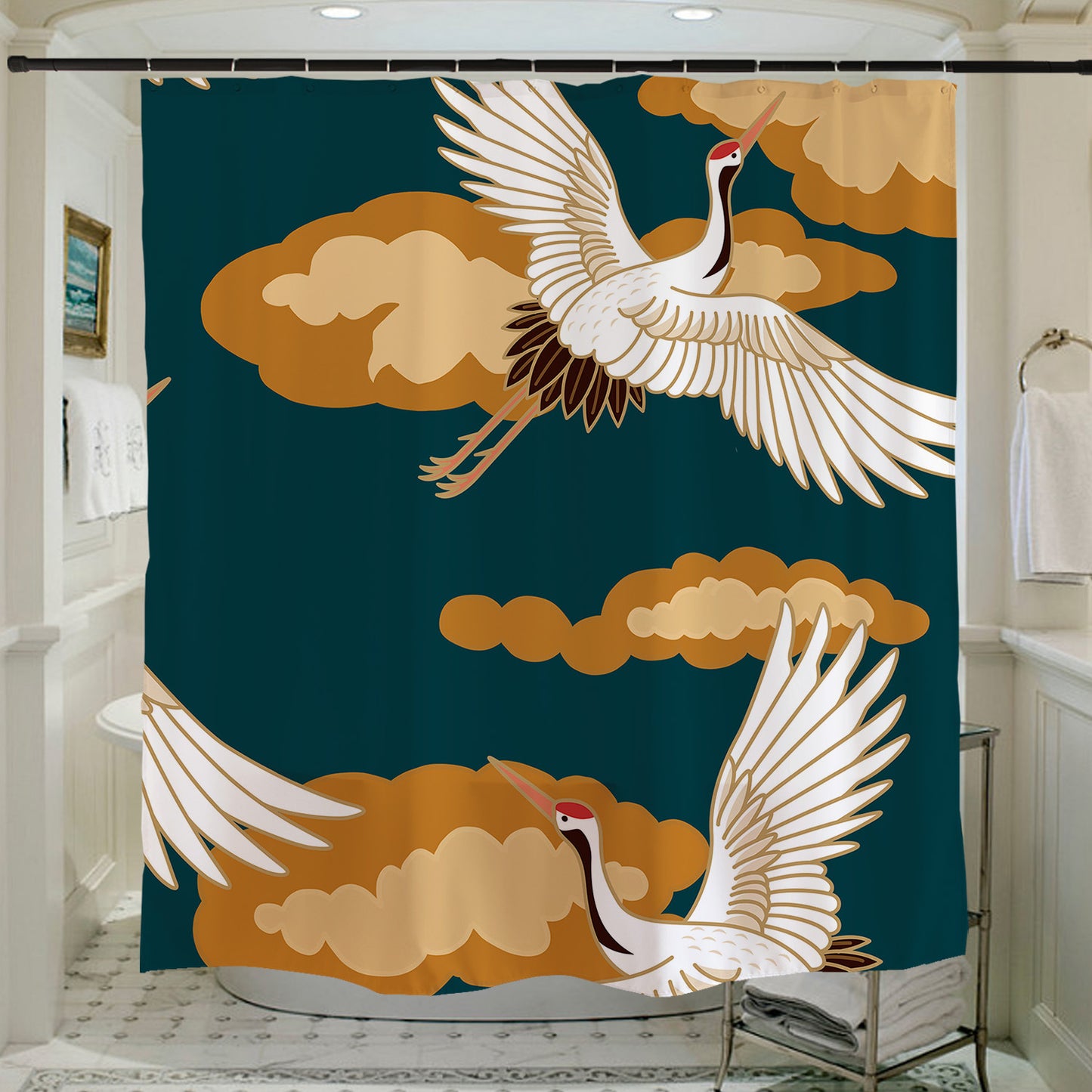 Feblilac Blue Background Crane Shower Curtain with Hooks