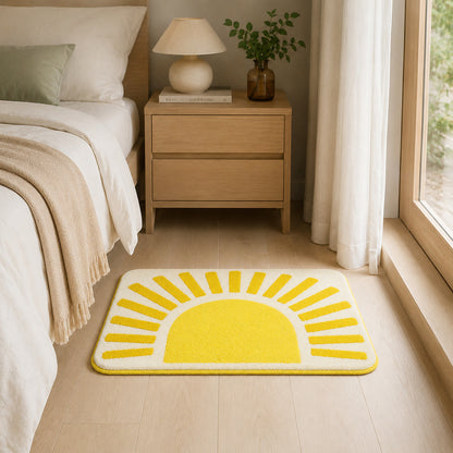 Feblilac Golden Sun tufted bath mat by the sink with slippers and a towel basket