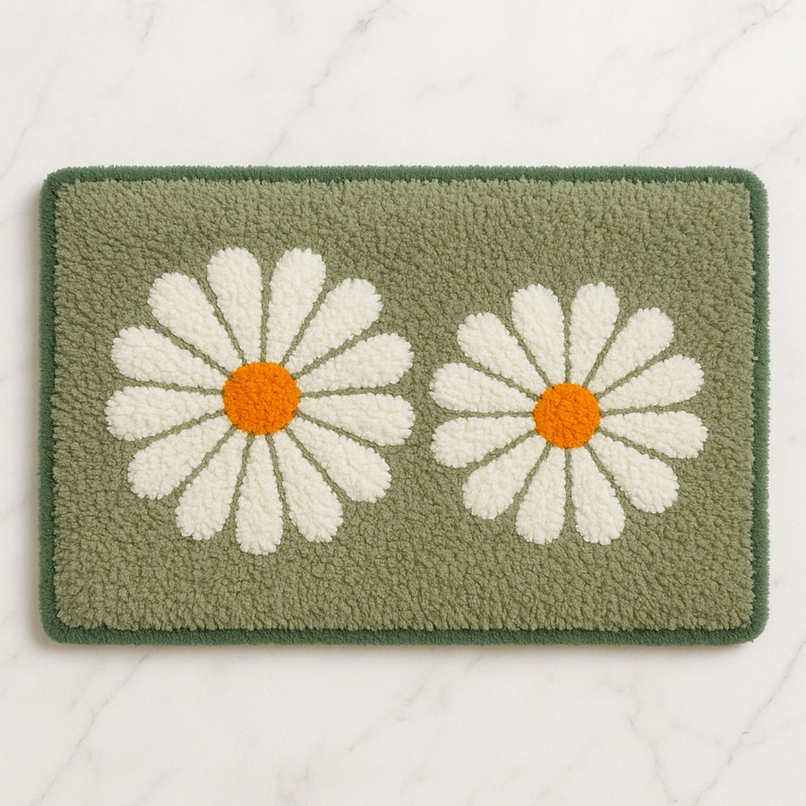 Feblilac Daisy Greem Tufted Bath Mat – Cute Double Flower Design, Soft & Fresh Bathroom Rug