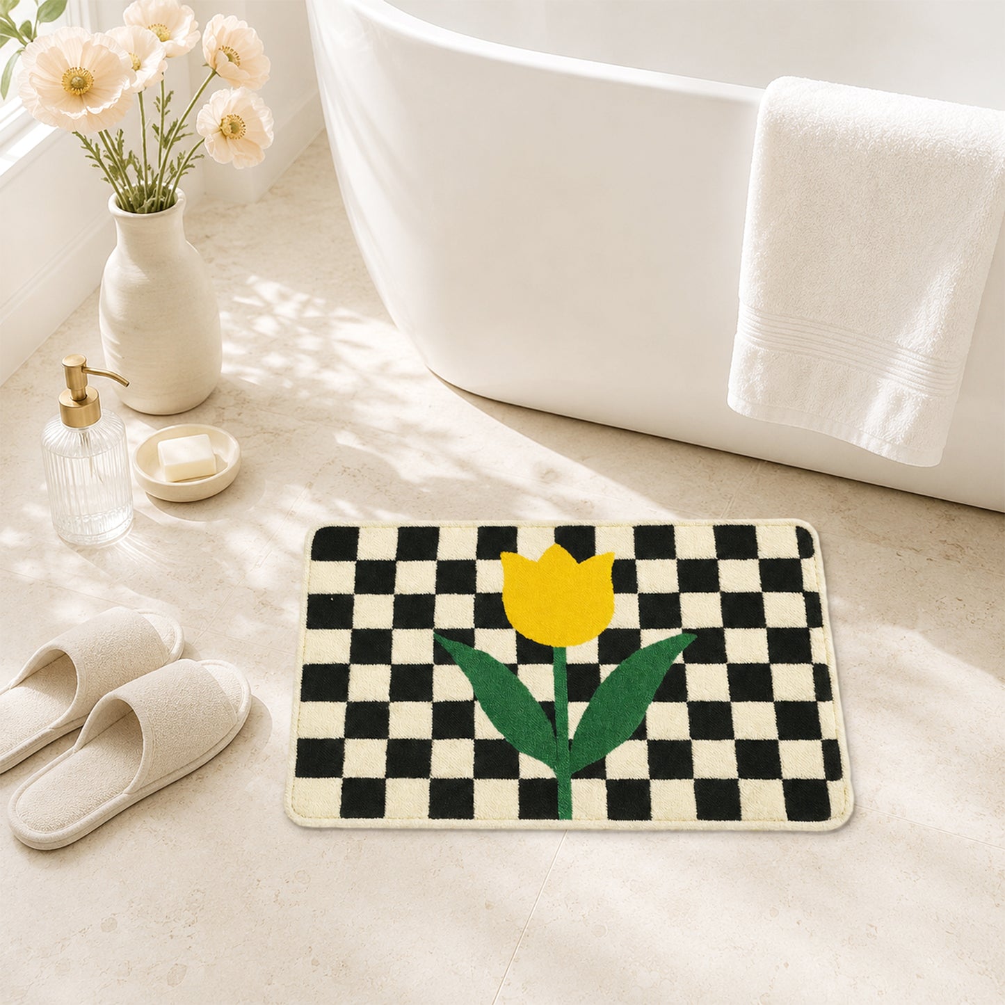 Feblilac Checkered Tulip Tufted Bath Mat | Soft Floral Bathroom Rug