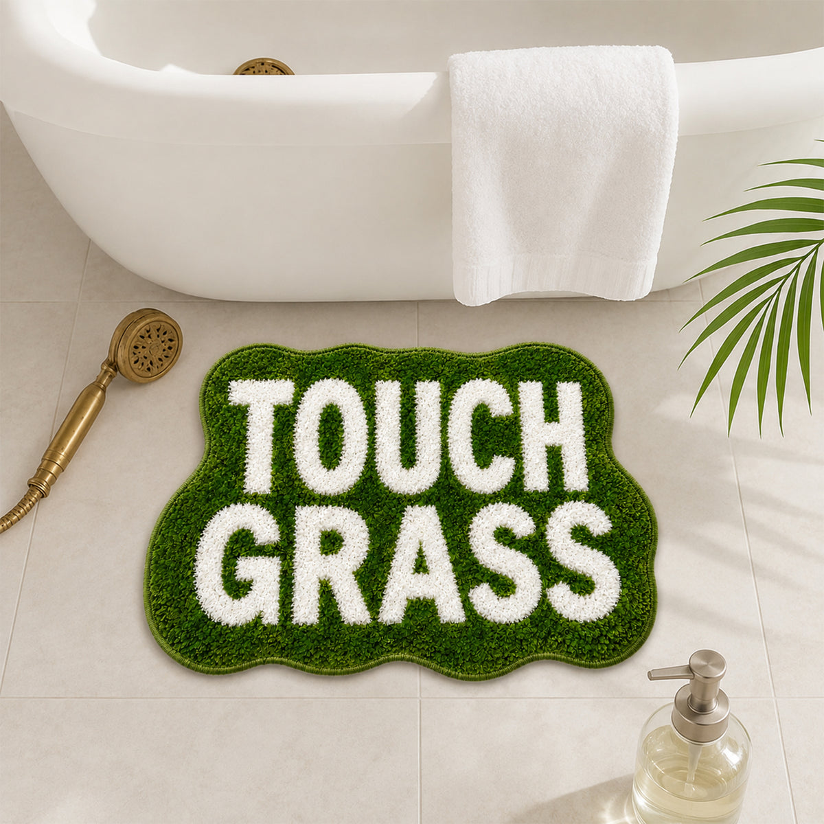 Feblilac TOUCH GRASS bath mat in a bright bathroom with palm plant