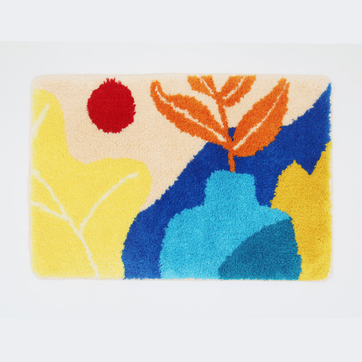 Feblilac Abstract Flower Pots tufted bath mat by the sink with slippers and a towel basket