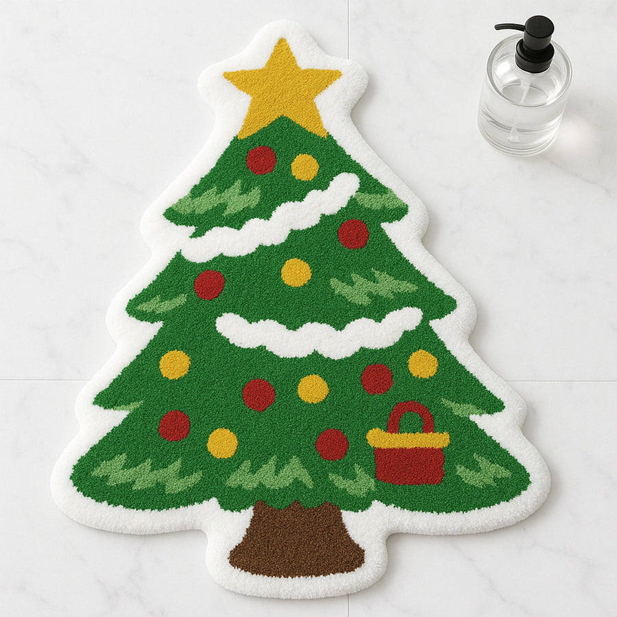 Feblilac Christmas Tree Tufted Bath Mat – Holiday Shaped Rug with Star & Ornaments, Festive Bathroom Decor