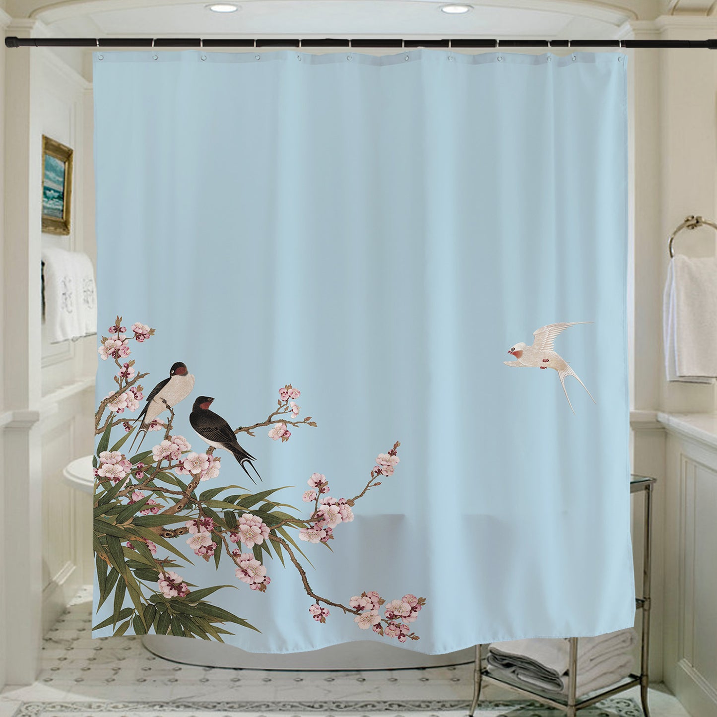 Feblilac Blue Bird Flower Shower Curtain with Hooks