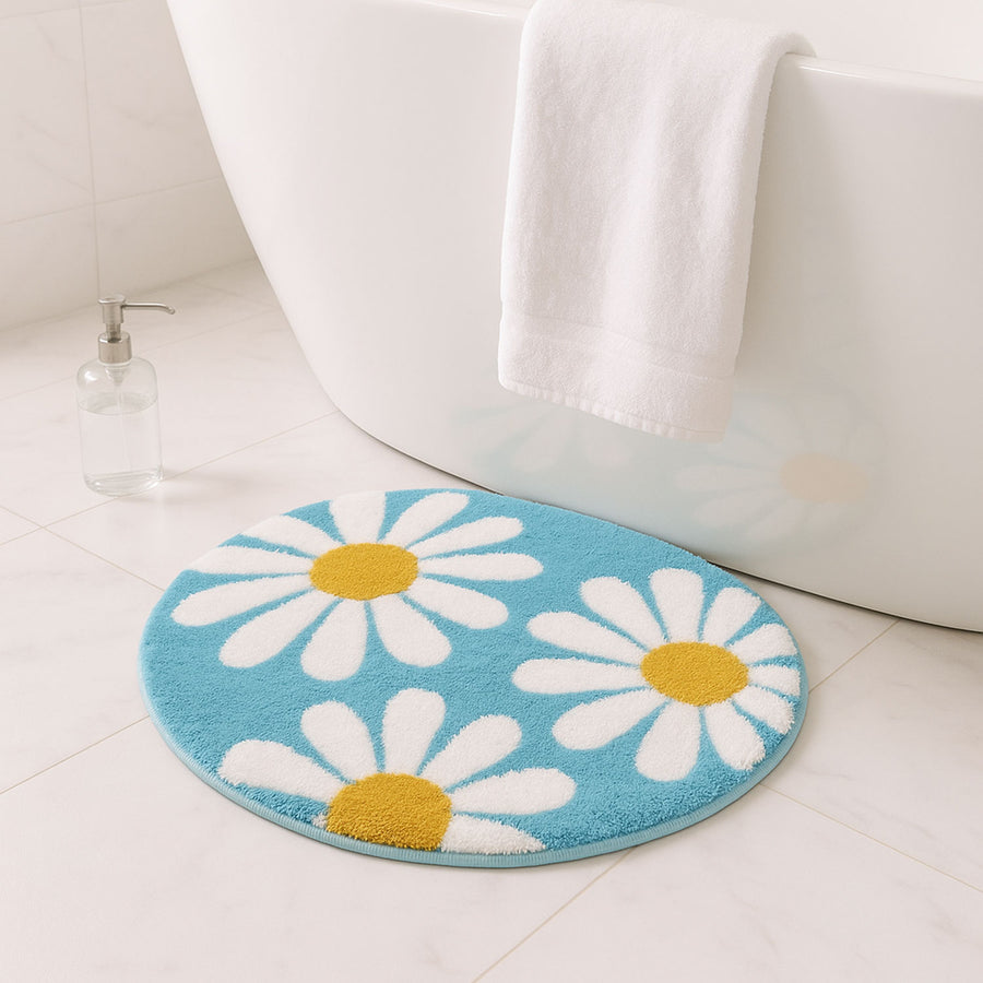 Feblilac Round Daisy Bath Mat – Blue Floral Tufted Rug - view 3