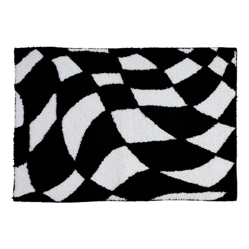 Feblilac Black and White Checkerboard Bath Mat, Abstract Curly Mat Rug