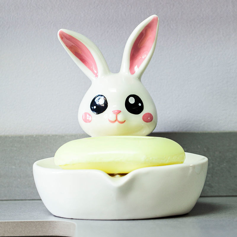 Feblilac Soap Box Ceramic Drain Soap Box Cute Little Rabbit Creative Bathroom