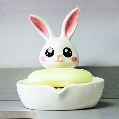 Feblilac Soap Box Ceramic Drain Soap Box Cute Little Rabbit Creative Bathroom