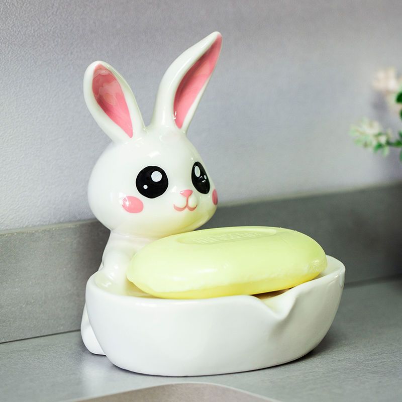 Feblilac Soap Box Ceramic Drain Soap Box Cute Little Rabbit Creative Bathroom