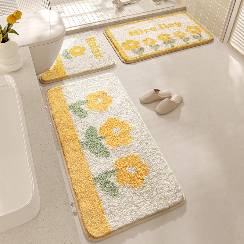 Feblilac Yellow Flowers Tufted Bath Mat U-shape Toilet Floor Mat