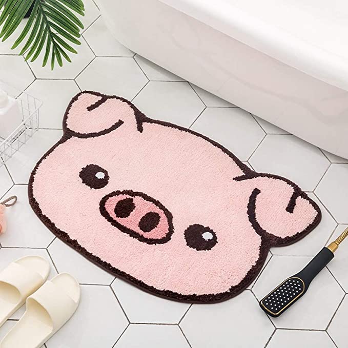 Feblilac Pink Pig Head Animals Tufted Bath Mat