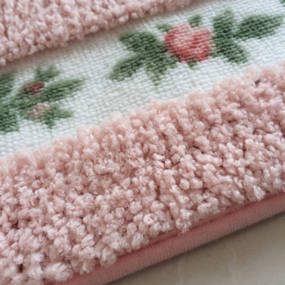 Feblilac Pink Flower Tufted Bathroom Mat Toilet U-Shaped Floor Mat