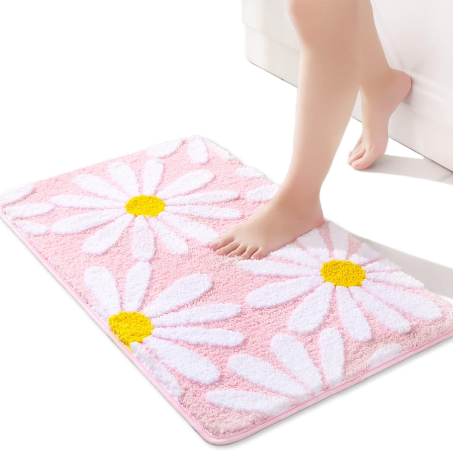 Pink Bathroom Rugs Cute Daisy Bath Mat White and Yellow Flower Decor Rug Non Slip Floor Carpet Microfiber Bath