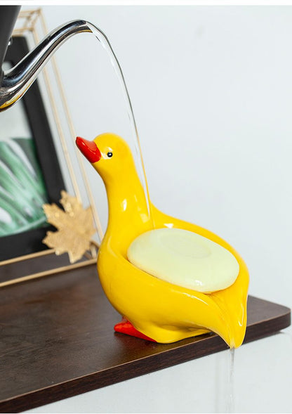 Feblilac Soap Box Ceramic Household Drain Soap Box Mengqu Little Duck Creative Kitchen Bathroom No Punching Soap Dish