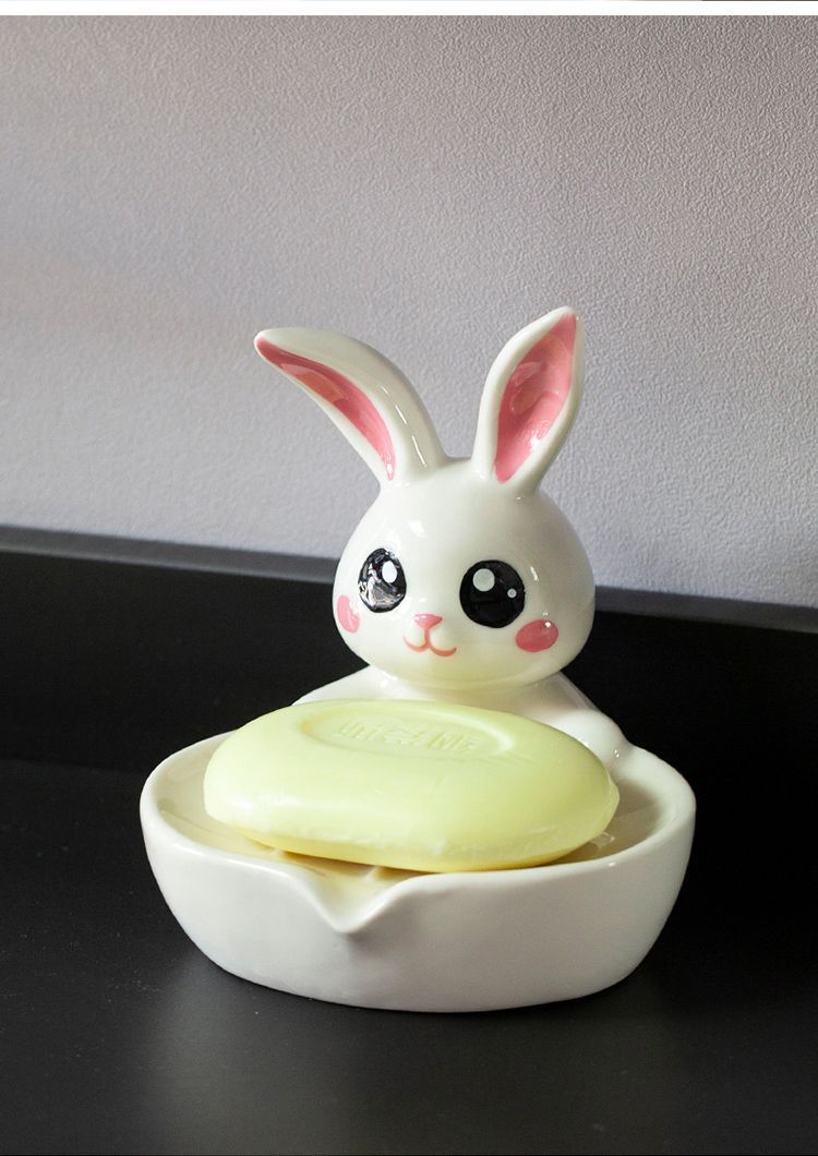 Feblilac Soap Box Ceramic Drain Soap Box Cute Little Rabbit Creative Bathroom