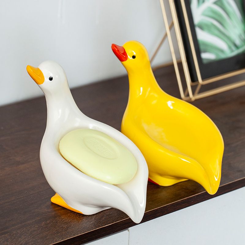 Feblilac Soap Box Ceramic Household Drain Soap Box Mengqu Little Duck Creative Kitchen Bathroom No Punching Soap Dish