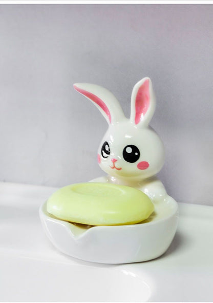 Feblilac Soap Box Ceramic Drain Soap Box Cute Little Rabbit Creative Bathroom