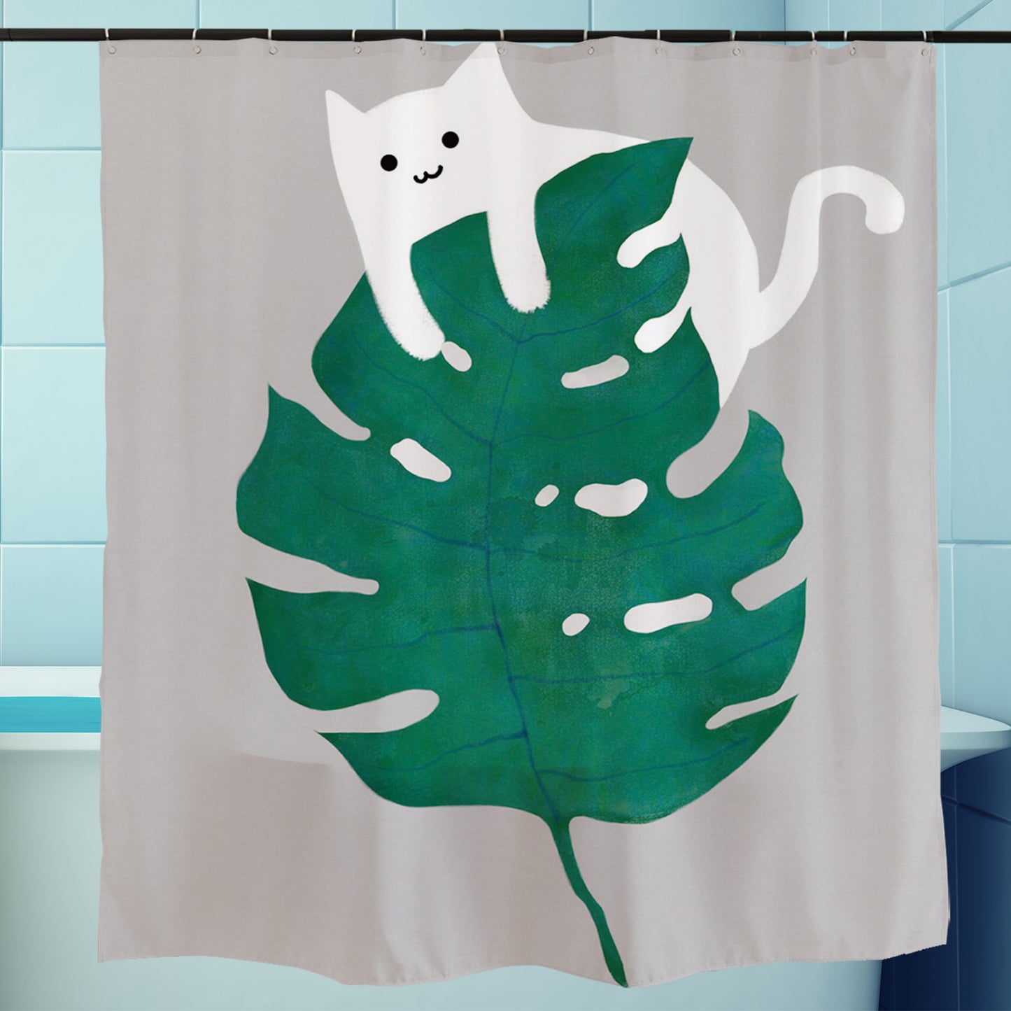 Feblilac Cat and Monstera Shower Curtain with Hooks