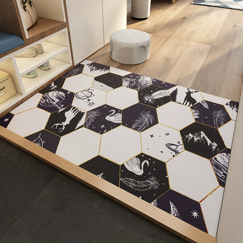 Feblilac Irregular Geometric Hexagon Planets and Animals Pattern PVC Leather Door Mat