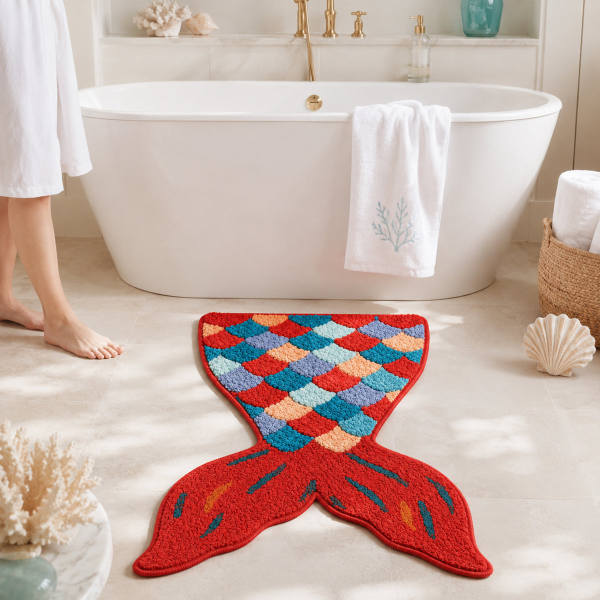 Feblilac Red Mermaid Tail tufted bath mat in a minimal bathroom with marble tile