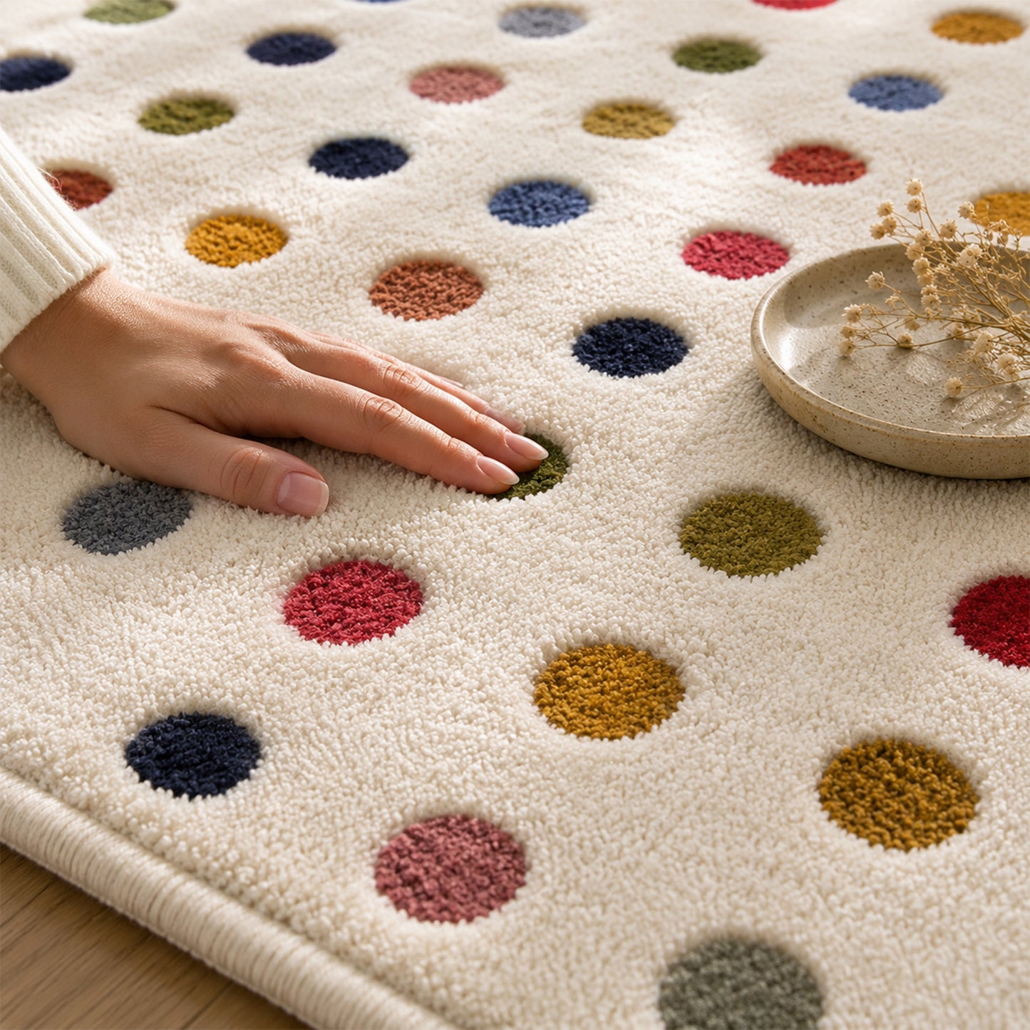 Feblilac Colorful Dot Wool Area Rug, Cream Plush Polka Dot Rug for Modern Home Decor