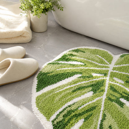 Feblilac Monstera Leaf Tufted Bath Mat – Green Botanical Rug