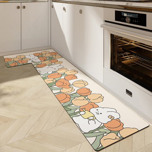 Feblilac Cute Tulips and Rabbit PVC Leather Kitchen Mat