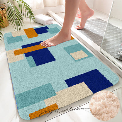 Feblilac Blue and Brown Squares Geometric Tufted Bath Mat