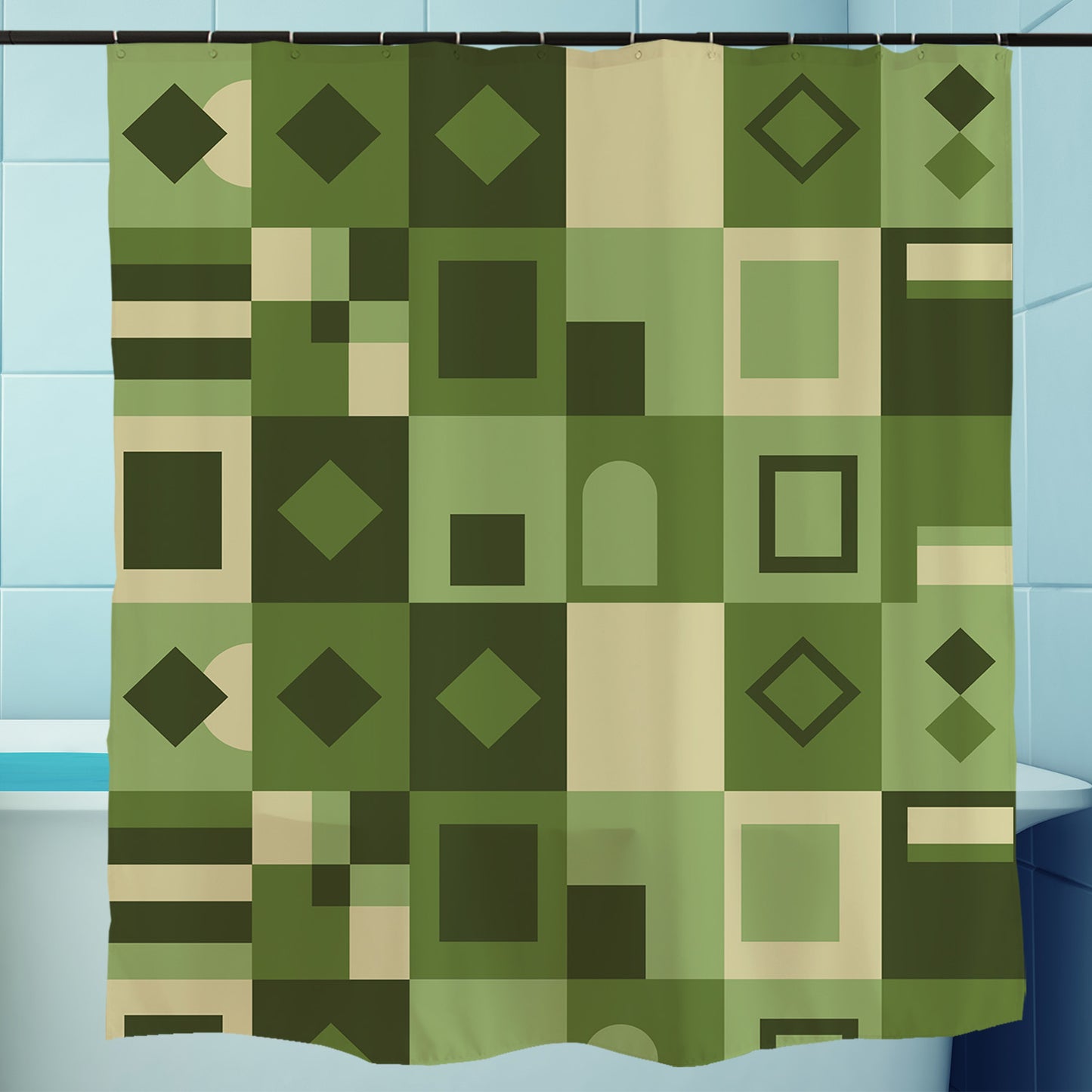 Feblilac Green Geometric Grid Shower Curtain with Hooks