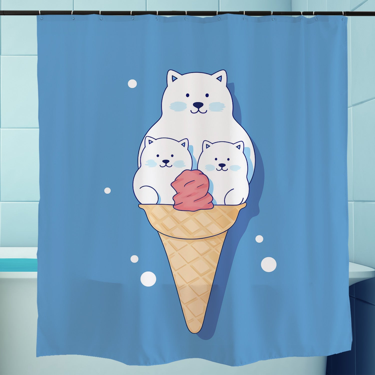 Feblilac White Polar Bear Ice Cream Shower Curtain with Hooks