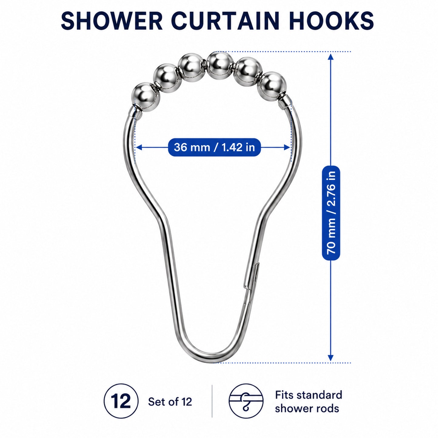 Feblilac Shower Curtain Metal Hooks, Rust-Resistant Rolling Ball Shower Curtain Rings, Set of 12