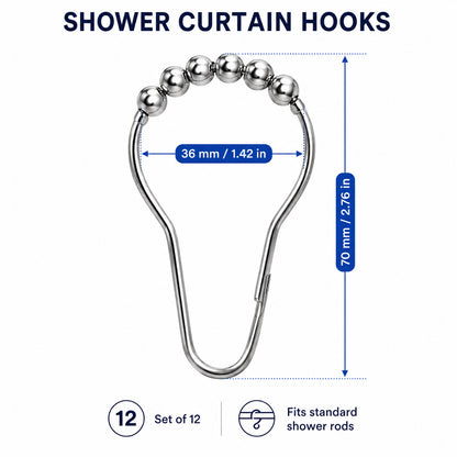 Feblilac Shower Curtain Metal Hooks, Rust-Resistant Rolling Ball Shower Curtain Rings, Set of 12