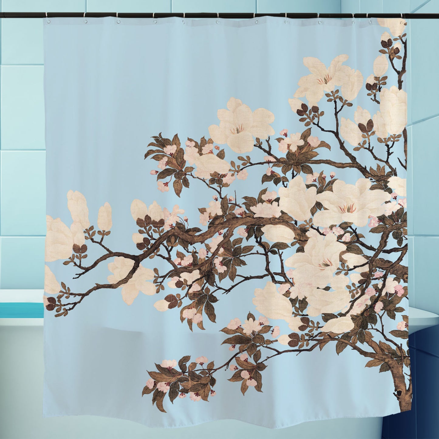 Feblilac Blue Background White Flowers Tree Shower Curtain with Hooks